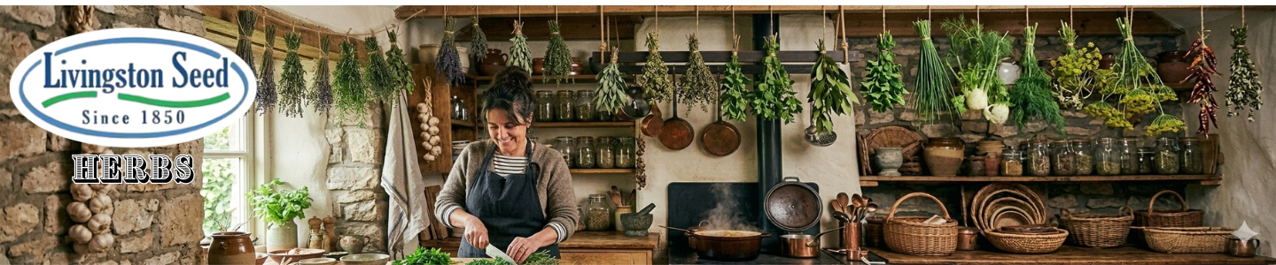 a woman in a rustic kitchen with bunches of herbs hanging from the ceiling is chopping herbs